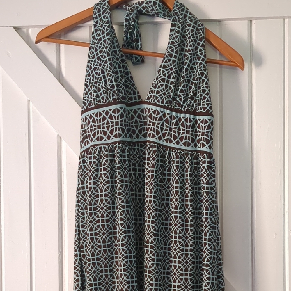 Women's Halter Geometric Print Dress in Teal and Brown
